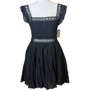 Free People Black Lace-Trim Square Neck Mini Dress